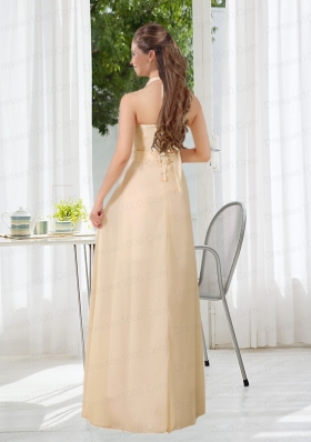 Popular Empire Halter Ruching Dama Dress with Hand Made Flowers