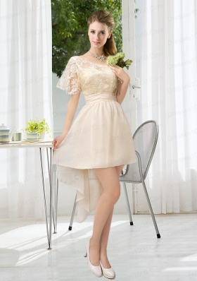 Lace High Low Short Sleeves Dama Dresses with One Shoulder