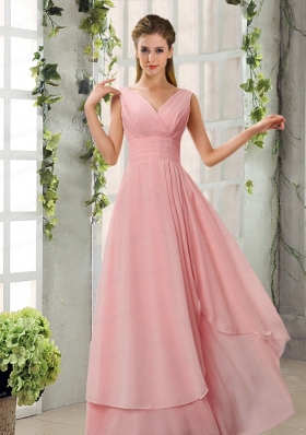 Ruching V Neck Chiffon Bridesmaid Dresses in Champagne