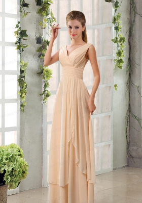 Ruching V Neck Chiffon Bridesmaid Dresses in Champagne