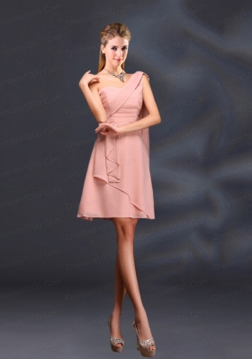 2015 One Shoulder Ruching Chiffon Dama Dresses in Peach