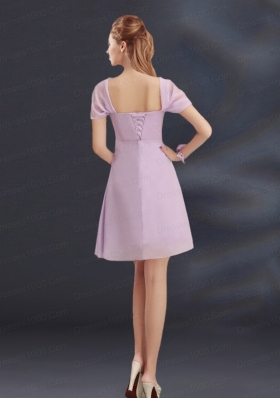 A Line Square Ruhing Dama Dresses with Cap Sleeves