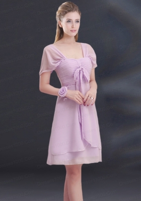 A Line Square Ruhing Dama Dresses with Cap Sleeves