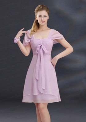 A Line Square Ruhing Dama Dresses with Cap Sleeves