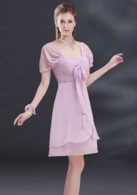 A Line Square Ruhing Dama Dresses with Cap Sleeves