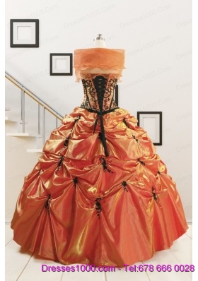 2015 Cheap Appliques Quinceanera Dresses in Orange Red and Black