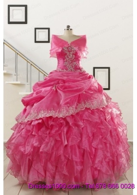 2015 Pretty Appliques and Ruffles Quinceanera Gowns in Hot Pink