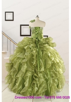 Inexpensive Olive Green Dresses for Quince with Beading and Ruffles