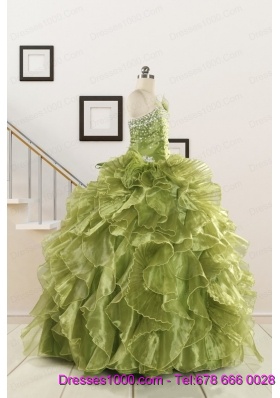 Inexpensive Olive Green Dresses for Quince with Beading and Ruffles