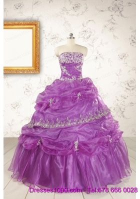 Pretty Strapless Lilac Quinceanera Dresses with Appliques for 2015