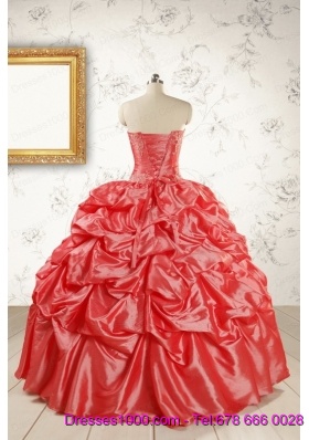 2015 Puffy Appliques Watermelon Quinceanera Dresses with Strapless