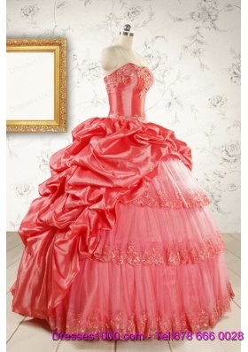 2015 Puffy Appliques Watermelon Quinceanera Dresses with Strapless