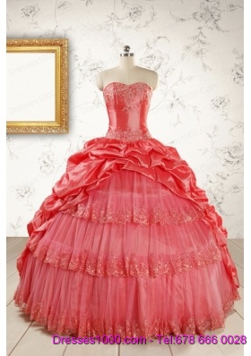 2015 Puffy Appliques Watermelon Quinceanera Dresses with Strapless