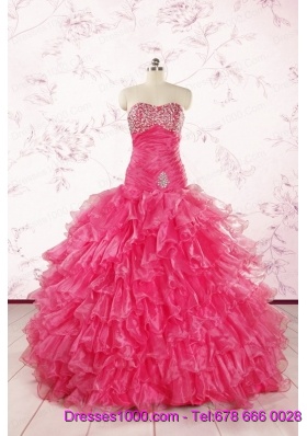 2015 Sweetheart Sequins Ruffles Unique Hot Pink Quinceanera Dresses