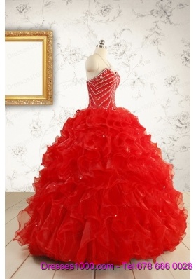 Exquisite Beading and Ruffles Red Quinceanera Gowns with Wrap for 2015