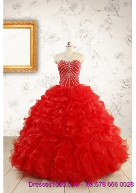 Exquisite Beading and Ruffles Red Quinceanera Gowns with Wrap for 2015