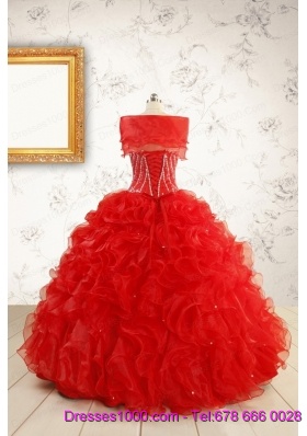 Exquisite Beading and Ruffles Red Quinceanera Gowns with Wrap for 2015