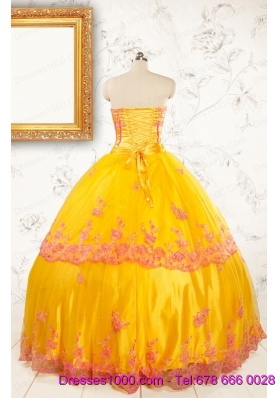 Gold Strapless Beautiful Quinceanera Dresses with Appliques