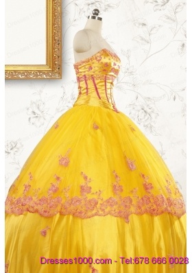 Gold Strapless Beautiful Quinceanera Dresses with Appliques