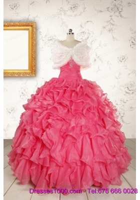 Hot Pink Strapless Beading and Ruffles Ball Gown 2015 Quinceanera Dresses