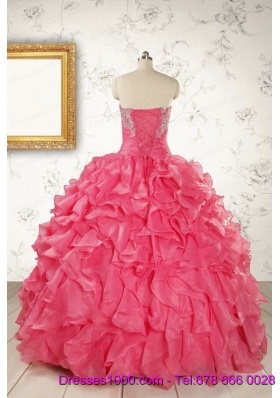 Hot Pink Strapless Beading and Ruffles Ball Gown 2015 Quinceanera Dresses