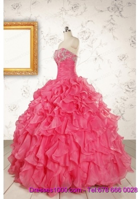 Hot Pink Strapless Beading and Ruffles Ball Gown 2015 Quinceanera Dresses