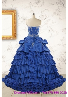 Modern Brush Train Appliques Sweet 15 Dresses in Royal Blue