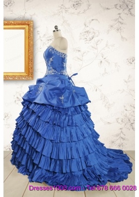 Modern Brush Train Appliques Sweet 15 Dresses in Royal Blue