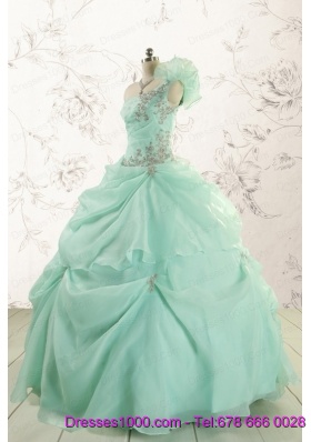 2015 Apple Green One Shoulder Cheap Quinceanera Dresses with Appliques