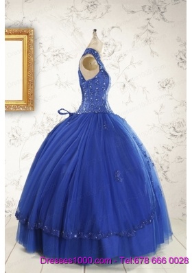 2015 HalterTop Appliques and Beading Dresses For 15 in Royal Blue