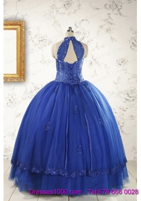 2015 HalterTop Appliques and Beading Dresses For 15 in Royal Blue