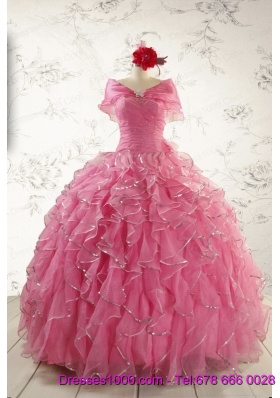 2015 Pretty Beading Quinceanera Dresses in Rose Pink