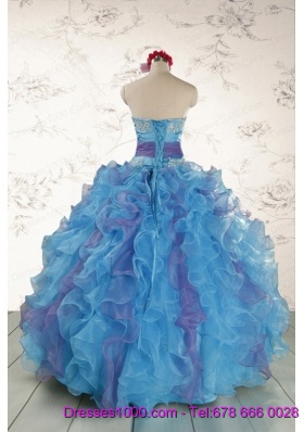 2015 Pretty Strapless Appliques and Ruffles QuinceDress in Multi Color