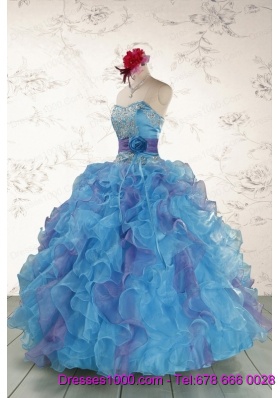 2015 Pretty Strapless Appliques and Ruffles QuinceDress in Multi Color