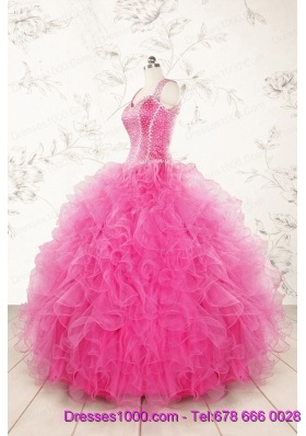 2015 Pretty Straps Hot Pink Quinceanera Dresses with Beading