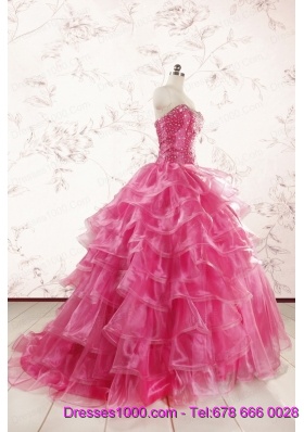 Hot Pink Sweetheart Beading Quinceanera Dresses with Brush Train