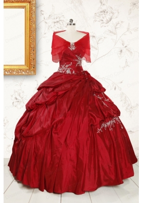 2015 Puffy Appliques Wine Red Remarkable Quinceanera Dresses