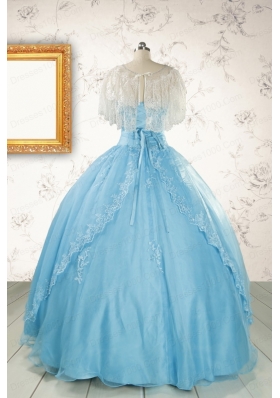 2015 Puffy Beading Baby Blue Quinceanera Dress with Wraps