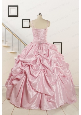 2015 Sweet Spaghetti Straps Beading Pink Quinceanera Dresses