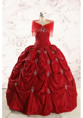 Discount Strapless Wine Red Appliques Quinceanera Dresses for 2015