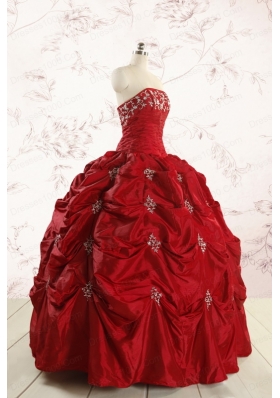 Discount Strapless Wine Red Appliques Quinceanera Dresses for 2015