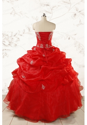 2015 Ball Gown Strapless Beading and Ruffles Red Sweet 15 Dresses