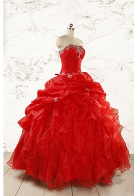 2015 Ball Gown Strapless Beading and Ruffles Red Sweet 15 Dresses