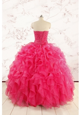 2015 Pretty Beading Sweet 15 Dresses in Hot Pink