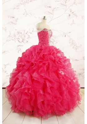 2015 Pretty Beading Sweet 15 Dresses in Hot Pink