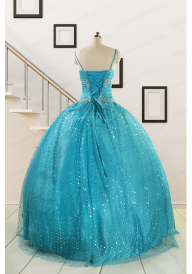 Perfect Spaghetti Straps Appliques Sequins Turquoise Quinceanera Dresses for 2015