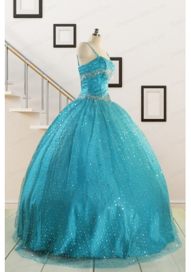 Perfect Spaghetti Straps Appliques Sequins Turquoise Quinceanera Dresses for 2015