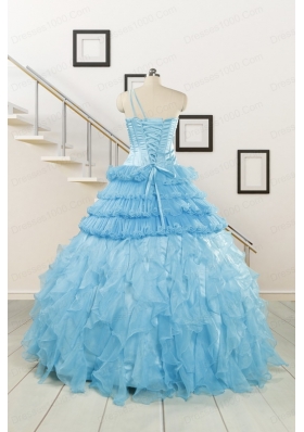 2015 Baby Blue One Shoulder Sweet 15 Dresses with Beading