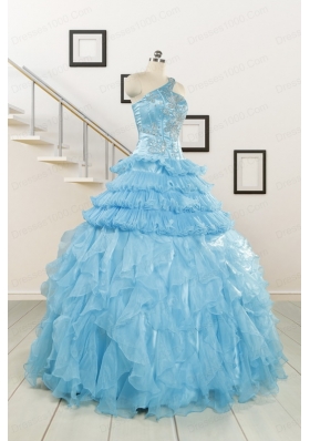 2015 Baby Blue One Shoulder Sweet 15 Dresses with Beading
