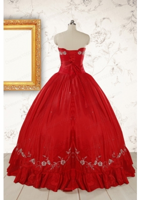 2015 Cheap Sweetheart Red Puffy Quinceanera Dresses with Embroidery